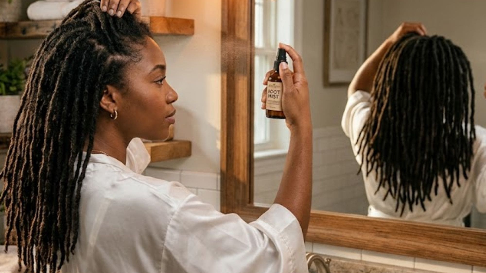 Black woman in a white satin robe misting her mature loc roots with a rose water spray bottle in a warm bathroom