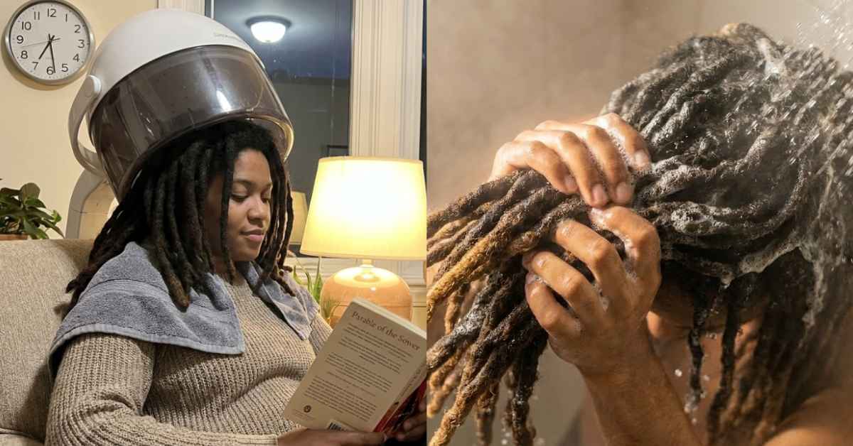 Top down view of freeform locs being dry and rinsed in shower with water streaming through, hands gently squeezing a section