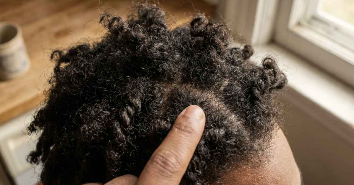 Close up of scalp and roots at week eight of freeform starter phase, loose coils and frizz with finger separating sections