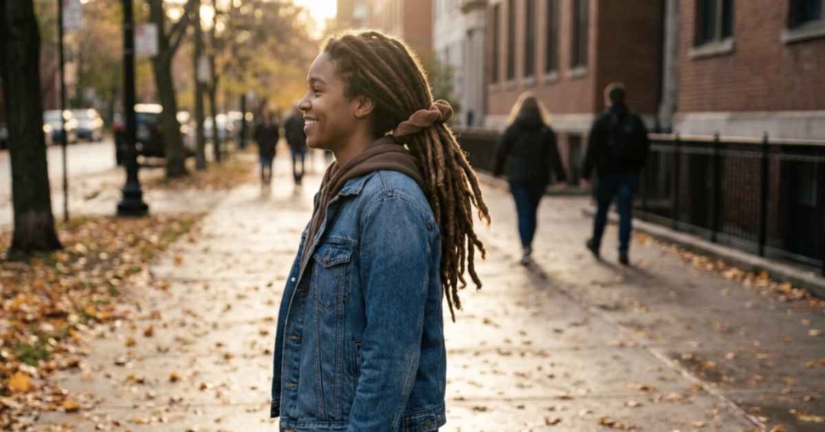 Eighteen month old maturing freeform locs pulled back loosely, visible length past shoulders, walking on autumn sidewalk