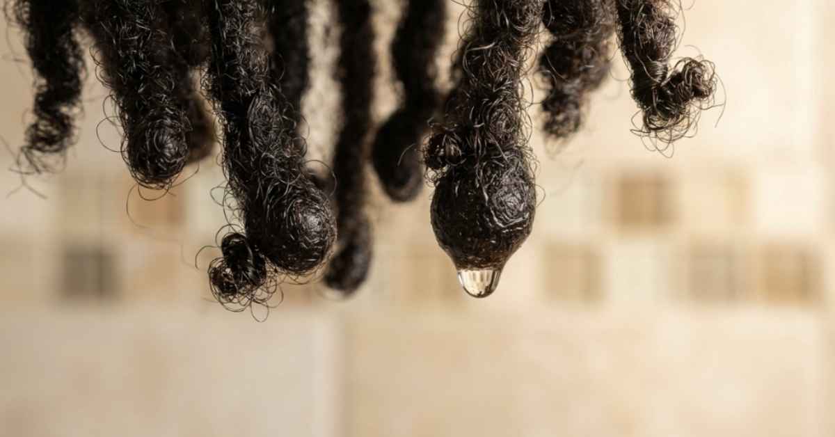 Macro close up of loc ends at month five showing swollen buds and tiny knot formations on freeform locs