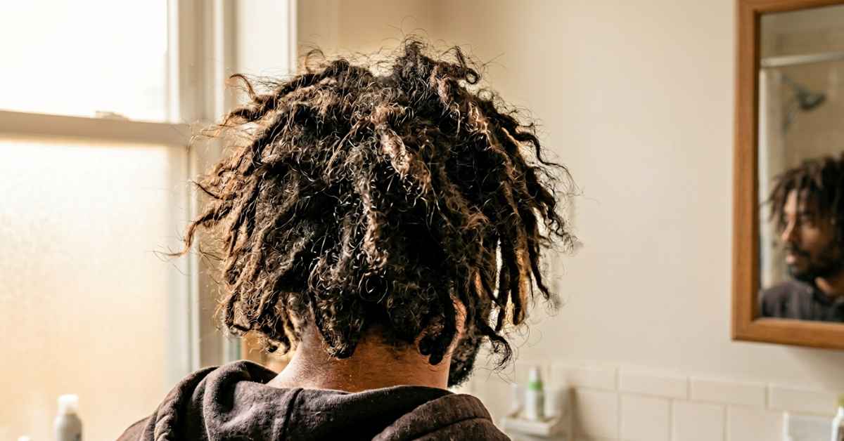 Back of head with four month old neglect method locs, chaotic and undefined with sections matting at the crown