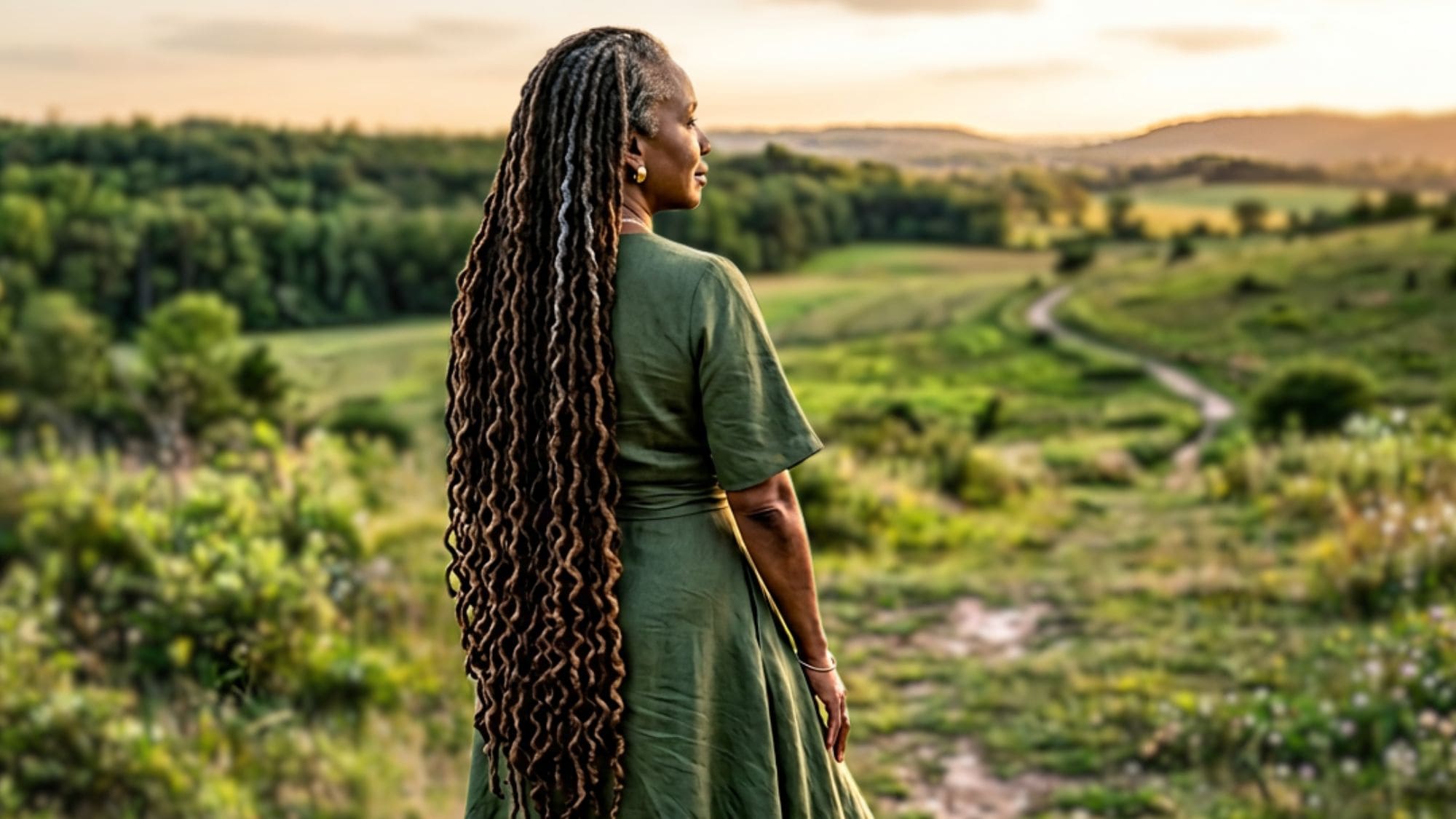 Older Black woman with extraordinarily long thick silver-streaked mature locs standing outdoors in golden hour light showing lifetime loc health