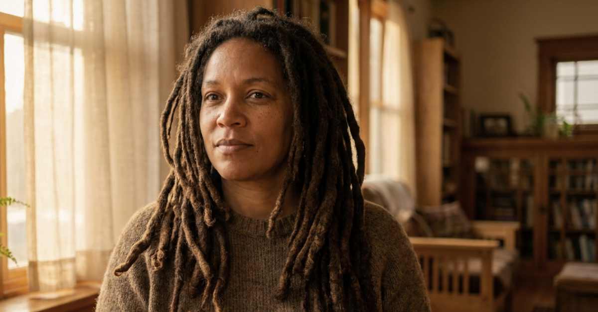 Confident person with mature freeform locs standing by a sunlit window, natural varying thickness and organic texture
