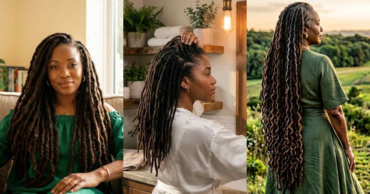 black woman with thick mature locs sitting by a sunlit window showing healthy loc growth and texture