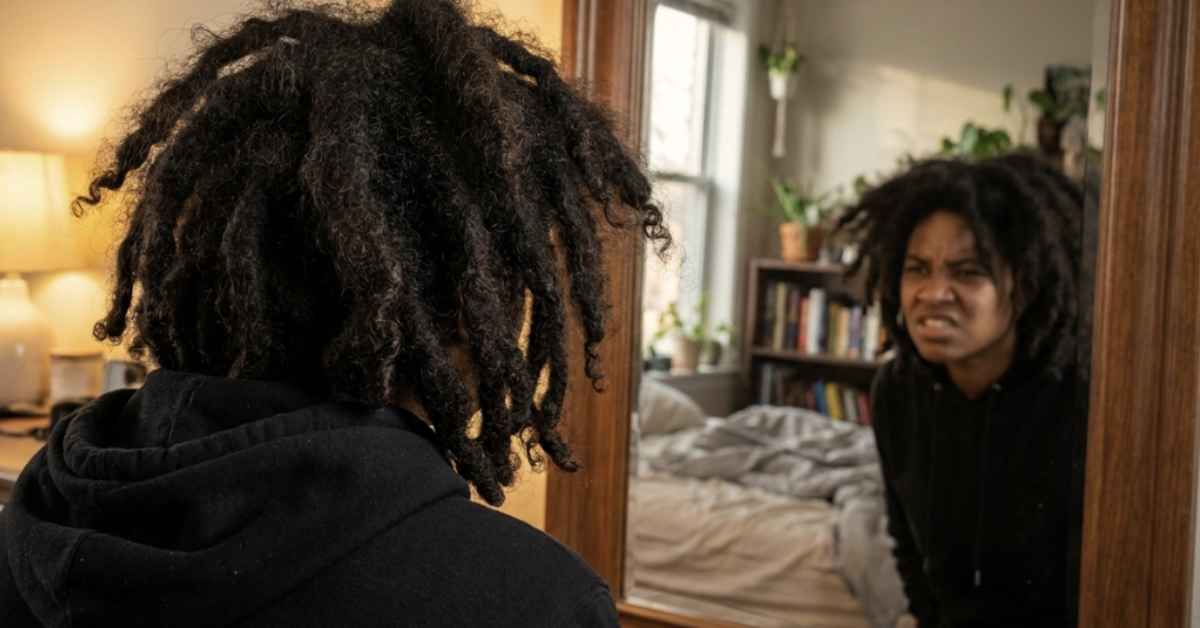 Person looking in mirror with ten month old freeform locs, uneven and puffed out with some locs locked and some loose