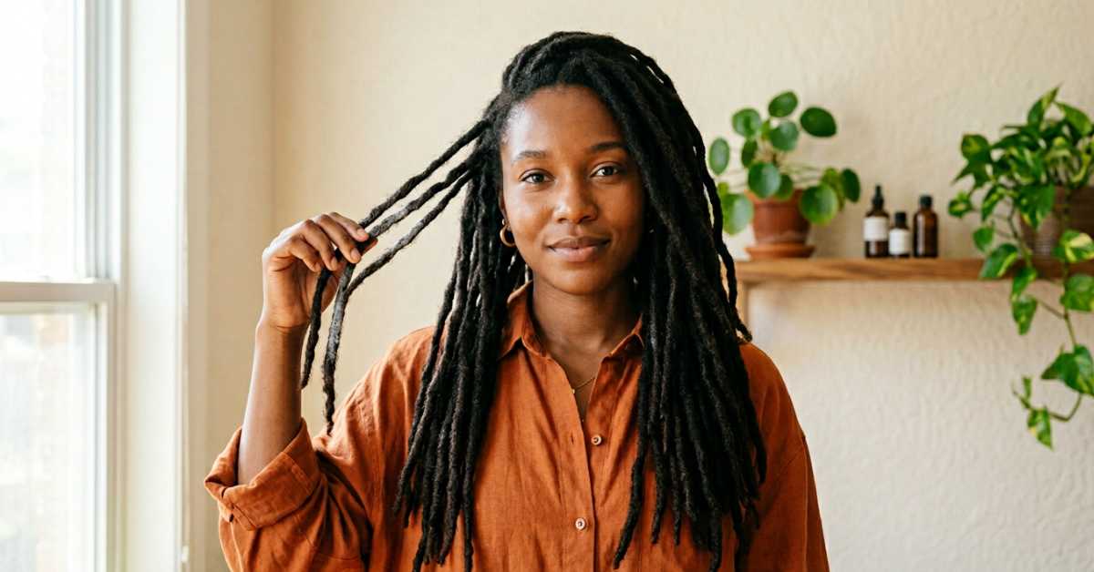 Black woman with mature locs holding strands to reveal white buildup on locs in natural light