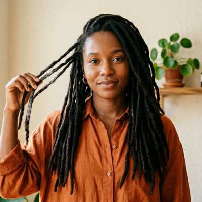 Black woman with mature locs holding strands to reveal white buildup on locs in natural light
